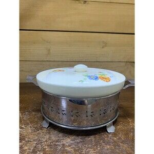Vintage Floral Ceramic Casserole Dish w/ Lid & Footed Metal Warmer Stand